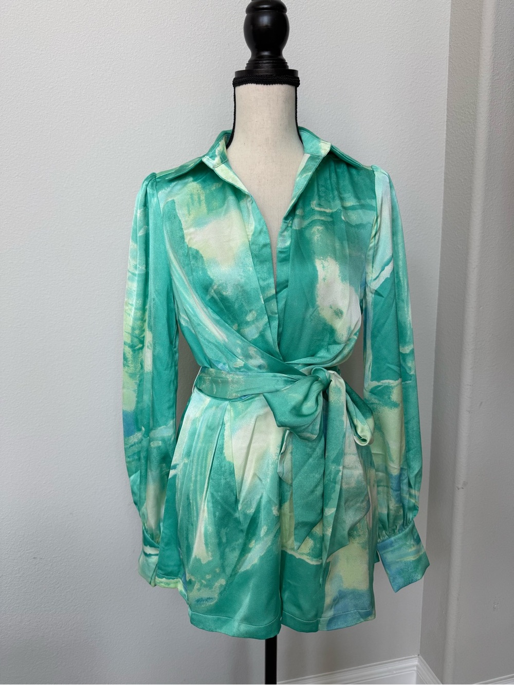 Aqua Watercolor Tie-Waist Satin Romper